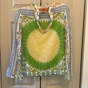 Tory Burch Green and Yellow Sunflower Blouse